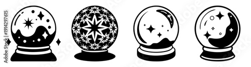 Four mystical crystal balls with zodiac signs and fortune symbols on black pedestals for divination and esoteric concepts