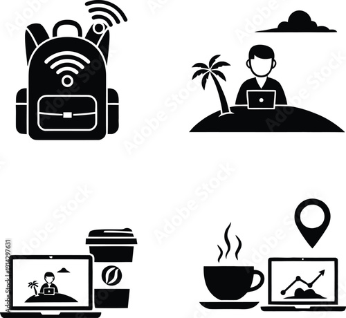 Digital nomad concept: person working on laptop in a scenic beach location, representing remote business and travel.