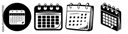 Set of four vintage desk calendars with push pins isolated on white background for planning and scheduling