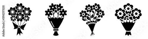 Elegant black and white floral bouquet set isolated on white background minimalist vector illustration