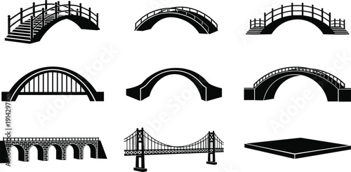 Bridge silhouettes collection, various arch and suspension bridges icons, infrastructure construction set, isolated on white background, architecture engineering illustration bundle