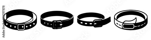 Set of four black leather belts with silver buckles isolated on white background minimalist fashion accessory collection