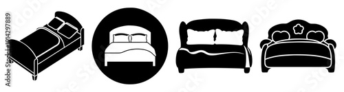 Modern minimalist black and white bedroom furniture set with bed, headboard, nightstand, and armchair