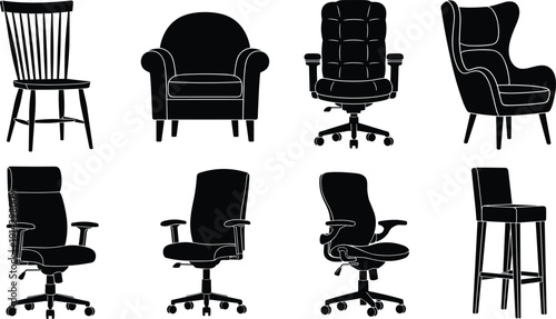 Chair silhouettes collection, office and home seating furniture set, various modern chairs, isolated on white background, interior design illustration bundle