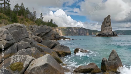 A collection of various sized stones and geological formations scattered across a sandy shorefront area with elevated cliffs visible in the distance