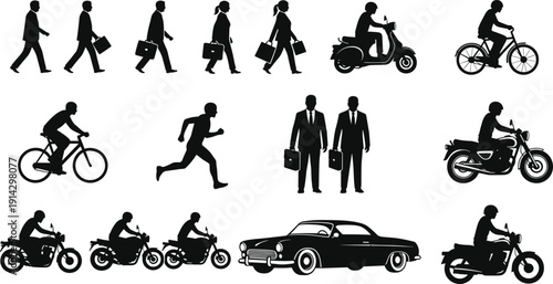 Collection of business people silhouettes walking cycling running driving scooter motorcycle and classic car transportation icons isolated on white background