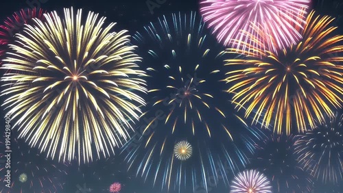 An extensive array of brilliantly hued pyrotechnic displays illuminating the darkened evening heavens