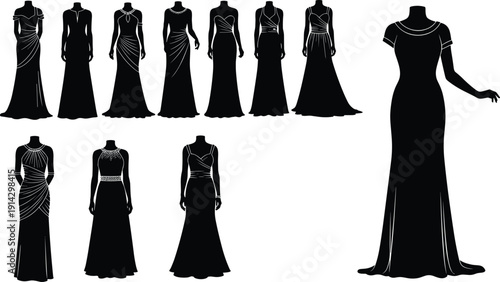 Evening dress silhouettes collection, elegant women gown designs, fashion formal wear set, isolated on white background, clothing illustration bundle style