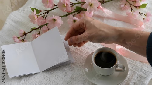 A demonstration model for matrimonial paper goods featuring an unprinted congratulatory card alongside a beverage in a cup, positioned on a pale fabric covering for a table, with branches from a cher