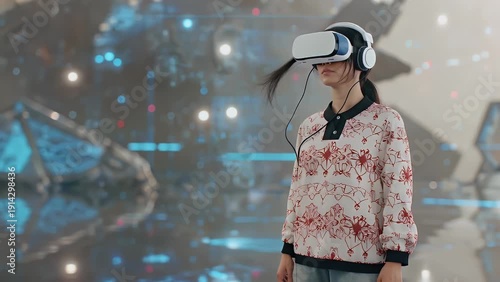 Female Figure Immersed in a Computer-Generated Simulated Digital World and Interactive Experience