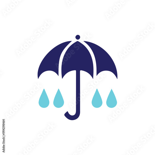 Vector illustration of a navy blue umbrella with three light blue raindrops isolated on transparent background