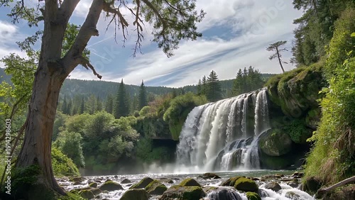 High Definition Visual Capture of a Cascading Natural Water Feature Surrounded by Lush Vegetation for Holiday and Leisure Applications
