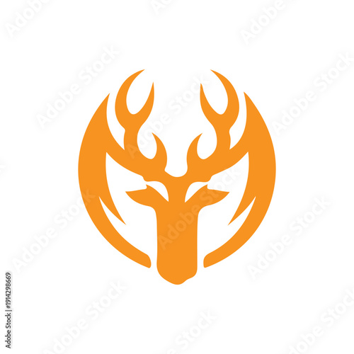 Orange deer head logo with antlers in circular shape, isolated on transparent background