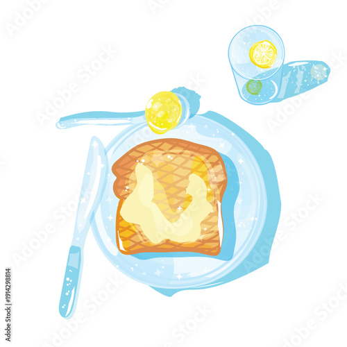 Aesthetic breakfast flatlay with toast honey and lemon water glass