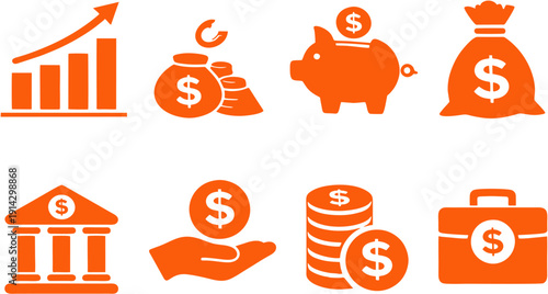 Financial growth illustrated through icons of money, banking, and business in a simplistic graphic style