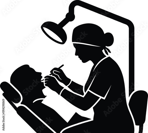 Female dentist treating patient in chair flat vector