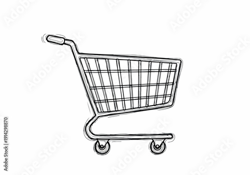 A simple, hand-drawn sketch of a shopping cart on a white background, perfect for representing commerce and retail activities