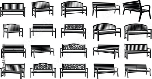 Park bench silhouettes collection, outdoor wooden and metal benches set, garden furniture elements, isolated on white background, landscape illustration bundle