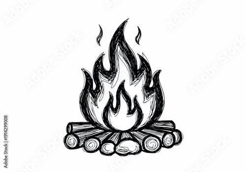 A hand-drawn sketch of a roaring campfire with flames dancing above a pile of stacked logs, perfect for outdoor adventures and cozy evenings