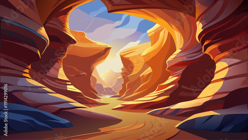 Very beautiful Stylized Canyon Landscape Illustration With Warm Colors And Geometric Shapes For Travel And Adventure Concepts Suitable For Backgrounds And Wallpapers