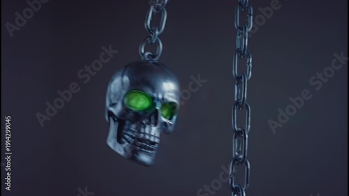 Wallpaper Mural Metallic skull with glowing green eyes swings gently from a chain against a dark background, showcasing intricate details and reflections in a captivating visual display Torontodigital.ca