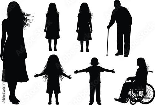 People silhouettes collection, woman girl child elderly and wheelchair user, diverse human figures, family and disability concept, isolated black vector illustration