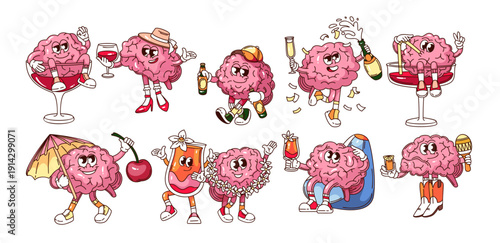 Funny cartoon set of brain mascot with wine, beer, cocktail, and champagne showing humor and lifestyle. Groovy doodle sticker pack of brain influence and emotions, outline vector illustration.