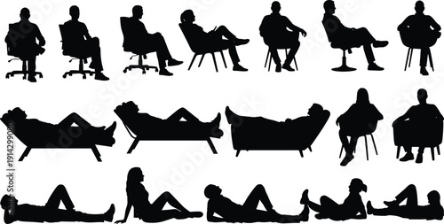 People silhouettes sitting and lying poses collection, relaxed human figures set, isolated on white background, body posture, lifestyle illustration bundle
