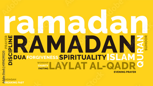 Ramadan Word Cloud Design for Islamic Poster, Social Media Banner, Iftar Reminder, Event Flyer. Ramadan bold minimal yellow typography