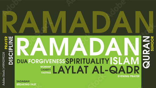 Ramadan Word Cloud Design for Islamic Poster, Mosque Decor, Social Media Banner, Prayer Reminder. Ramadan bold modern green typography