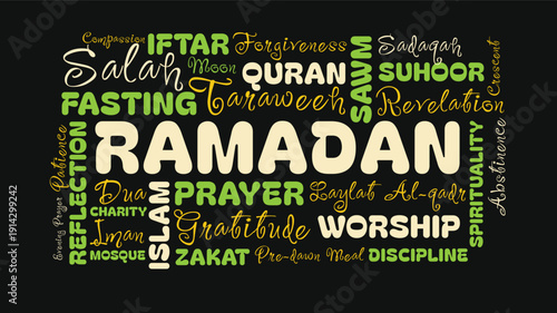 Ramadan Word Cloud Design for Islamic Poster, Iftar Invitation, Prayer Reminder, Mosque Decor. Ramadan hand lettered green gold typography