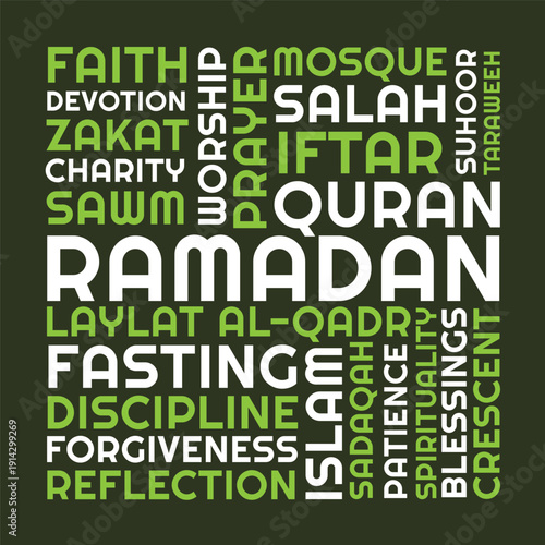 Ramadan Word Cloud Design for Islamic Poster, Mosque Decor, Community Event, Prayer Reminder. Ramadan bold modern green typography
