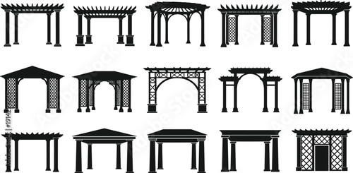 Pergola silhouettes collection, garden pavilion and arbor structures set, outdoor architecture elements, isolated on white background, landscape design illustration bundle
