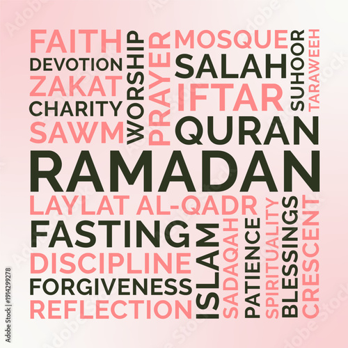 Ramadan Word Cloud Design for Islamic Poster, Social Media Banner, Iftar Invitation, Prayer Reminder. Ramadan soft pastel pink typography