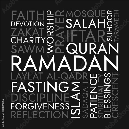 Ramadan Word Cloud Design for Islamic Poster, Mosque Decor, Prayer Reminder, Social Media Banner. Ramadan minimalist black white typography