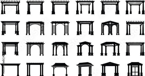 Pergola and arbor silhouettes collection, garden pavilion structures variety set, outdoor landscape architecture elements, isolated on white background, design illustration bundle