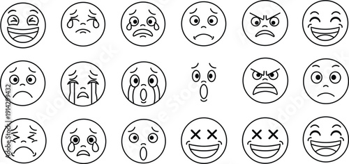 Set of hand drawn emoji faces showing different emotions, happy sad crying angry surprised laughing, expressive cartoon outline icons collection