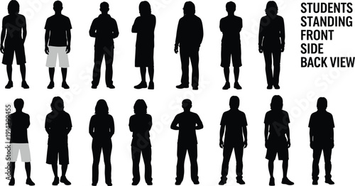 Student silhouettes standing collection, front side back view, boys and girls figures, education concept, isolated black vector illustration design set