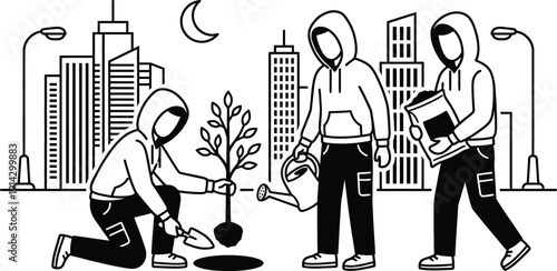 People planting trees in city park vector