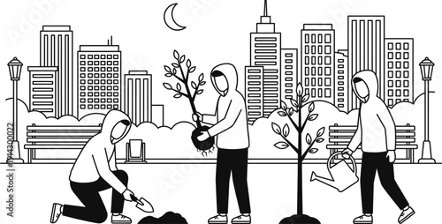 People planting trees in city park vector