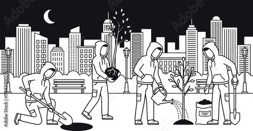 People planting trees in city park vector
