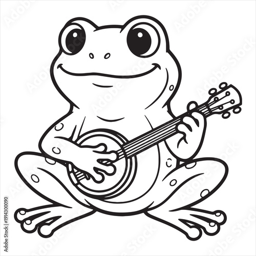 Cartoon Frog Playing Banjo Black and White Drawing