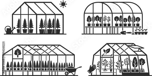 Greenhouse with forest nursery saplings flat vector