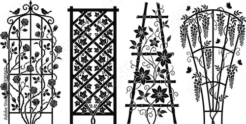 Trellis with climbing plants in garden vector