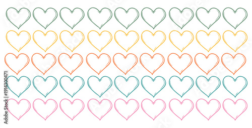Seamless pattern featuring rows of brightly colored hand drawn heart outlines perfect for crafting or digital romantic backgrounds