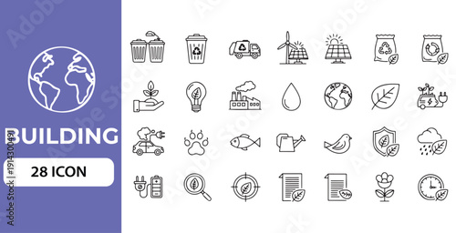 Environmental building icons featuring ecology elements like plant growth solar power renewable energy sources earth globe protection concepts and green manufacturing in thin line vector set style