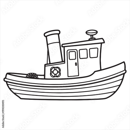 Black and White Tugboat Line Drawing Illustration for Kids