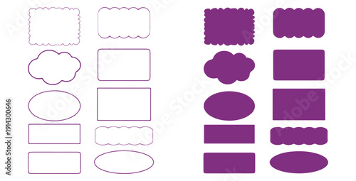 Collection of decorative vector labels and shapes featuring outlines and solid purple fill variations for graphic design projects