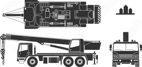 Mobile crane truck silhouette illustrations showing top, side, and front views, construction machinery icons for lifting, transport, engineering, and urban projects