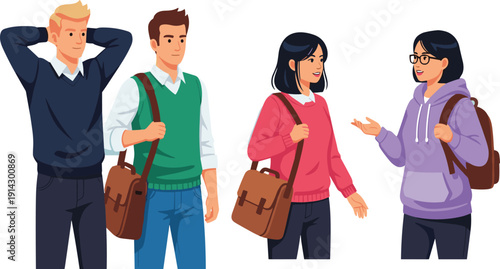 Group of Diverse University Students with Backpacks Walking and Talking Together on Campus, Vector Illustration of Students Lifestyle and Education